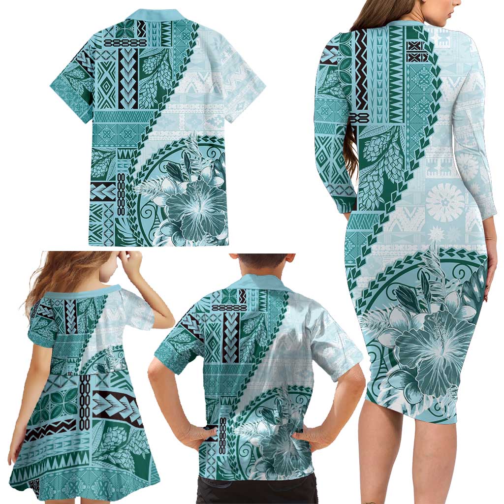 Samoa Siapo Elegant Family Matching Long Sleeve Bodycon Dress and Hawaiian Shirt Hibiscus Teal Motifs LT05 - Polynesian Pride