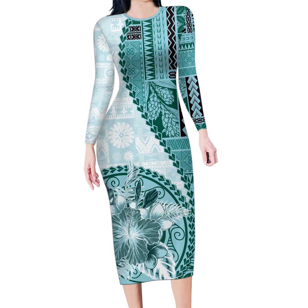 Samoa Siapo Elegant Family Matching Long Sleeve Bodycon Dress and Hawaiian Shirt Hibiscus Teal Motifs LT05 Mom's Dress Teal - Polynesian Pride