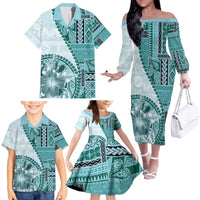 Samoa Siapo Elegant Family Matching Off The Shoulder Long Sleeve Dress and Hawaiian Shirt Hibiscus Teal Motifs LT05 - Polynesian Pride