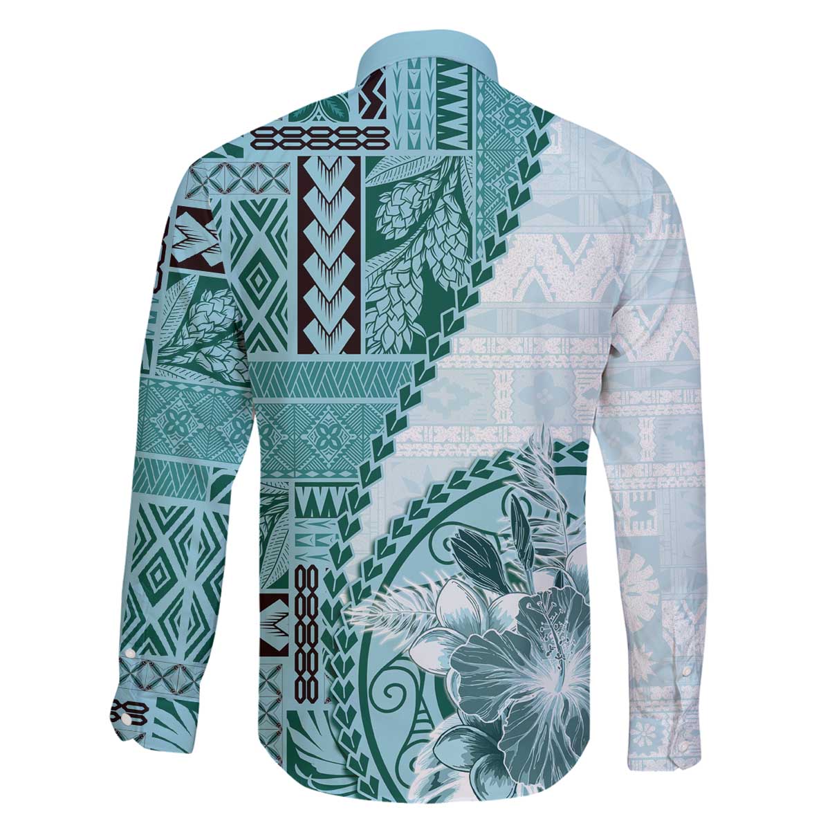 Samoa Siapo Elegant Family Matching Off The Shoulder Long Sleeve Dress and Hawaiian Shirt Hibiscus Teal Motifs LT05 - Polynesian Pride