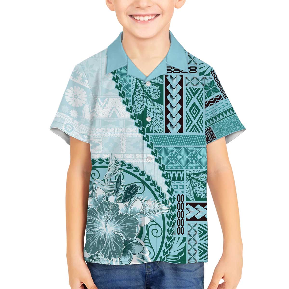 Samoa Siapo Elegant Family Matching Off The Shoulder Long Sleeve Dress and Hawaiian Shirt Hibiscus Teal Motifs LT05 Son's Shirt Teal - Polynesian Pride