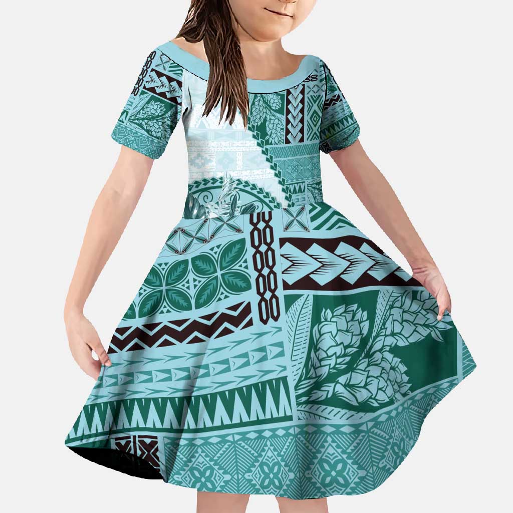 Samoa Siapo Elegant Family Matching Off Shoulder Maxi Dress and Hawaiian Shirt Hibiscus Teal Motifs LT05 Daughter's Dress Teal - Polynesian Pride