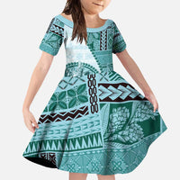Samoa Siapo Elegant Family Matching Off Shoulder Maxi Dress and Hawaiian Shirt Hibiscus Teal Motifs LT05 Daughter's Dress Teal - Polynesian Pride