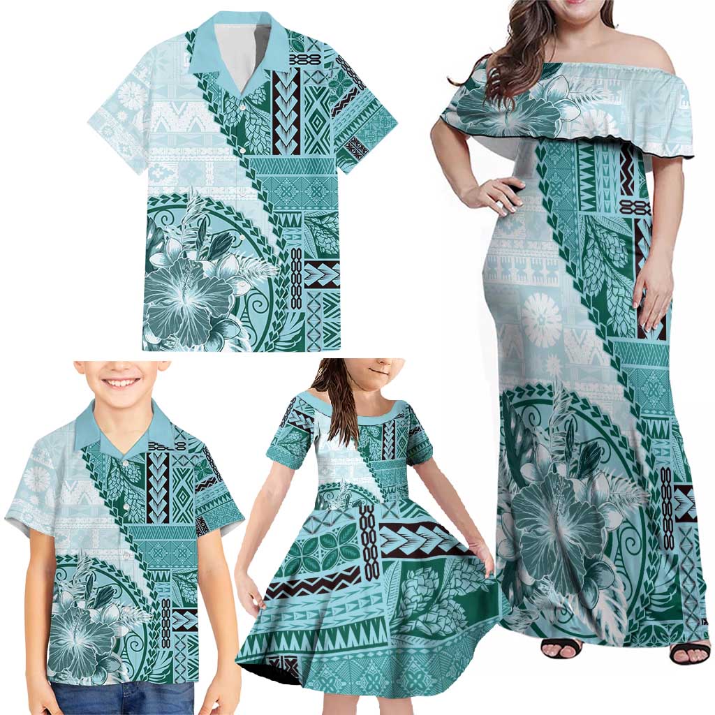 Samoa Siapo Elegant Family Matching Off Shoulder Maxi Dress and Hawaiian Shirt Hibiscus Teal Motifs LT05 - Polynesian Pride