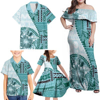Samoa Siapo Elegant Family Matching Off Shoulder Maxi Dress and Hawaiian Shirt Hibiscus Teal Motifs LT05 - Polynesian Pride