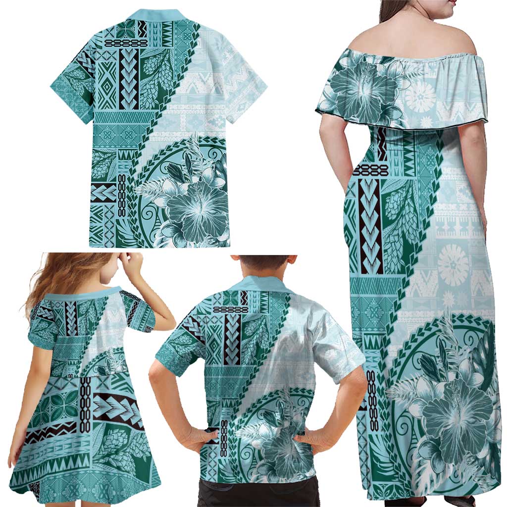 Samoa Siapo Elegant Family Matching Off Shoulder Maxi Dress and Hawaiian Shirt Hibiscus Teal Motifs LT05 - Polynesian Pride