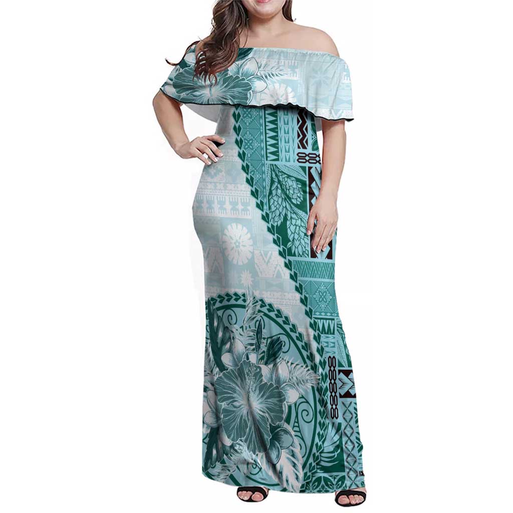 Samoa Siapo Elegant Family Matching Off Shoulder Maxi Dress and Hawaiian Shirt Hibiscus Teal Motifs LT05 Mom's Dress Teal - Polynesian Pride
