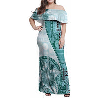 Samoa Siapo Elegant Family Matching Off Shoulder Maxi Dress and Hawaiian Shirt Hibiscus Teal Motifs LT05 Mom's Dress Teal - Polynesian Pride