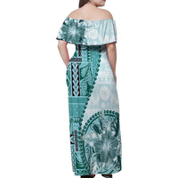 Samoa Siapo Elegant Family Matching Off Shoulder Maxi Dress and Hawaiian Shirt Hibiscus Teal Motifs LT05 - Polynesian Pride
