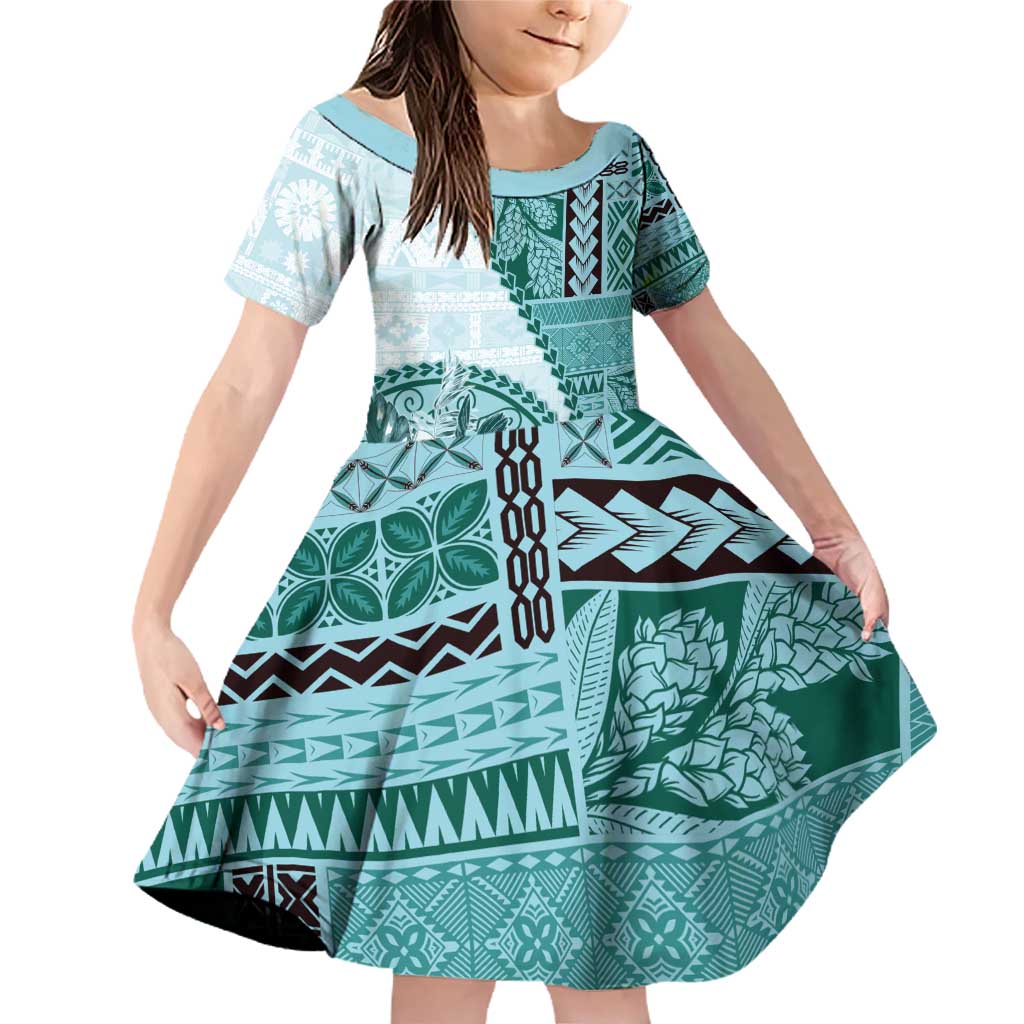 Samoa Siapo Elegant Family Matching Off Shoulder Short Dress and Hawaiian Shirt Hibiscus Teal Motifs LT05 Daughter's Dress Teal - Polynesian Pride