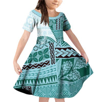 Samoa Siapo Elegant Family Matching Off Shoulder Short Dress and Hawaiian Shirt Hibiscus Teal Motifs LT05 Daughter's Dress Teal - Polynesian Pride
