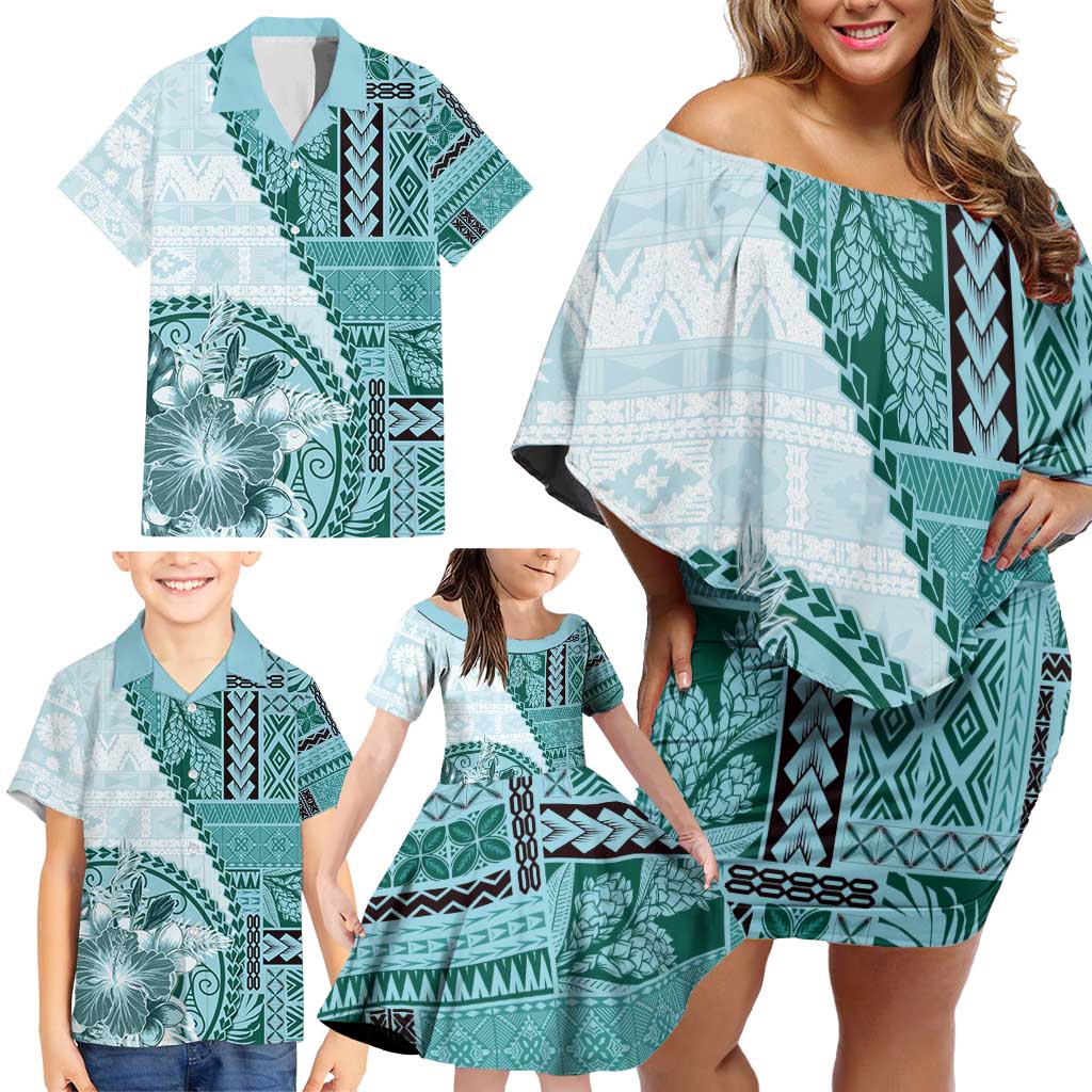 Samoa Siapo Elegant Family Matching Off Shoulder Short Dress and Hawaiian Shirt Hibiscus Teal Motifs LT05 - Polynesian Pride