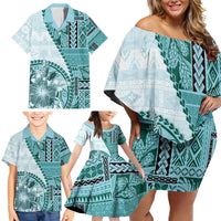 Samoa Siapo Elegant Family Matching Off Shoulder Short Dress and Hawaiian Shirt Hibiscus Teal Motifs LT05 - Polynesian Pride