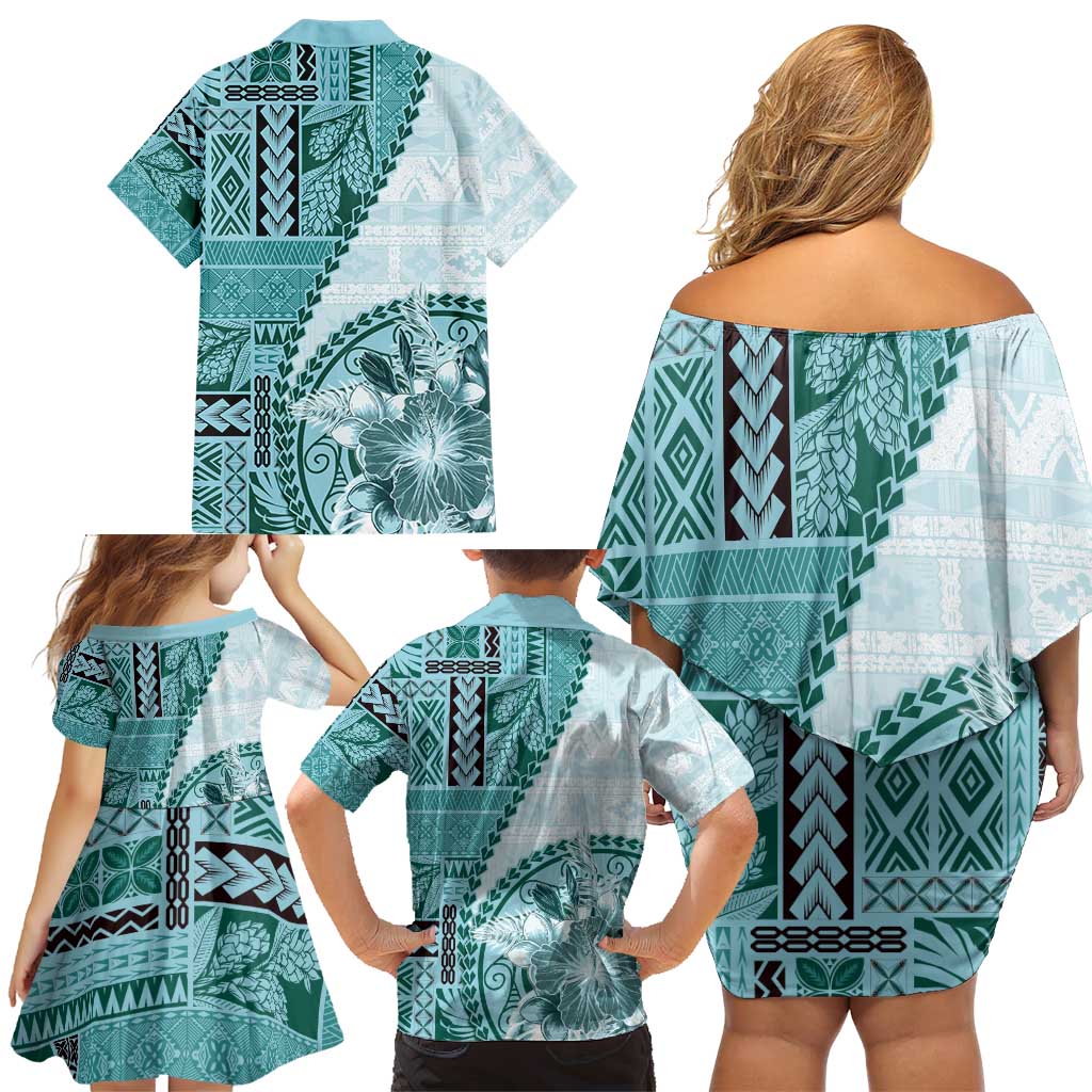 Samoa Siapo Elegant Family Matching Off Shoulder Short Dress and Hawaiian Shirt Hibiscus Teal Motifs LT05 - Polynesian Pride