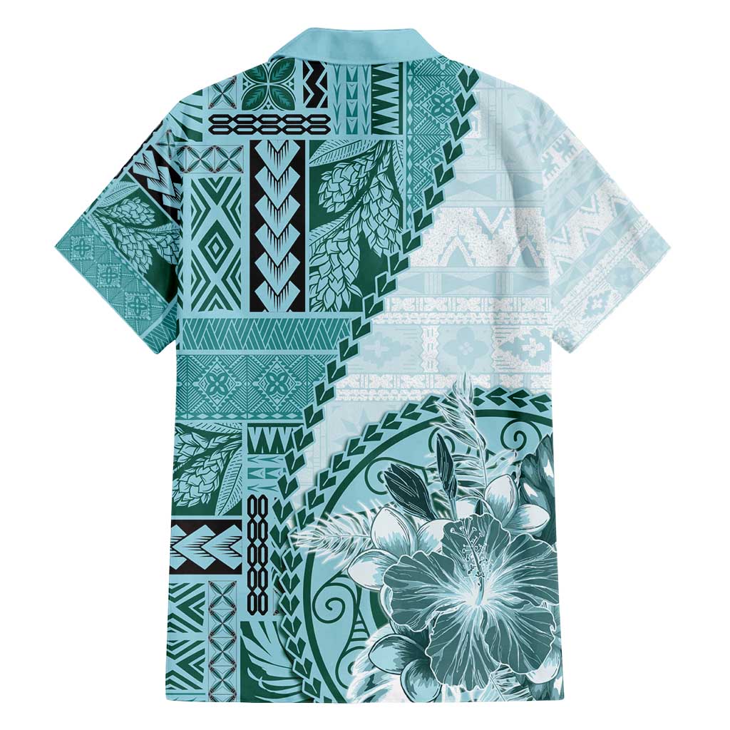Samoa Siapo Elegant Family Matching Off Shoulder Short Dress and Hawaiian Shirt Hibiscus Teal Motifs LT05 - Polynesian Pride