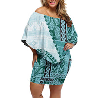 Samoa Siapo Elegant Family Matching Off Shoulder Short Dress and Hawaiian Shirt Hibiscus Teal Motifs LT05 Mom's Dress Teal - Polynesian Pride