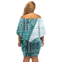 Samoa Siapo Elegant Family Matching Off Shoulder Short Dress and Hawaiian Shirt Hibiscus Teal Motifs LT05 - Polynesian Pride