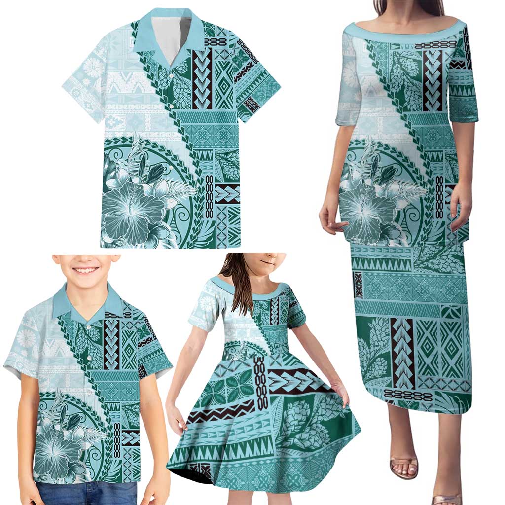 Samoa Siapo Elegant Family Matching Puletasi and Hawaiian Shirt Hibiscus Teal Motifs LT05 - Polynesian Pride