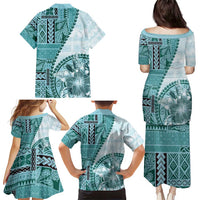 Samoa Siapo Elegant Family Matching Puletasi and Hawaiian Shirt Hibiscus Teal Motifs LT05 - Polynesian Pride