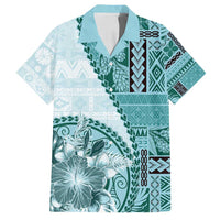 Samoa Siapo Elegant Family Matching Puletasi and Hawaiian Shirt Hibiscus Teal Motifs LT05 Dad's Shirt - Short Sleeve Teal - Polynesian Pride