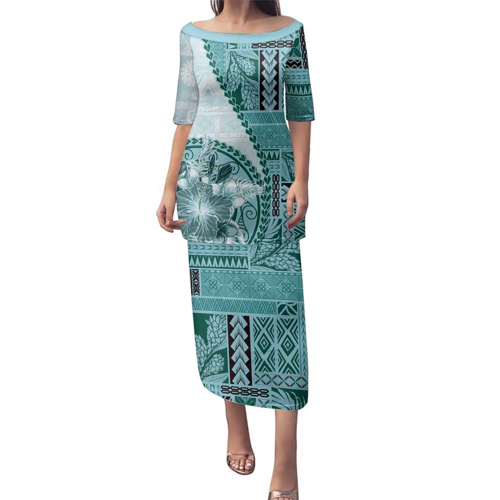 Samoa Siapo Elegant Family Matching Puletasi and Hawaiian Shirt Hibiscus Teal Motifs LT05 Mom's Dress Teal - Polynesian Pride