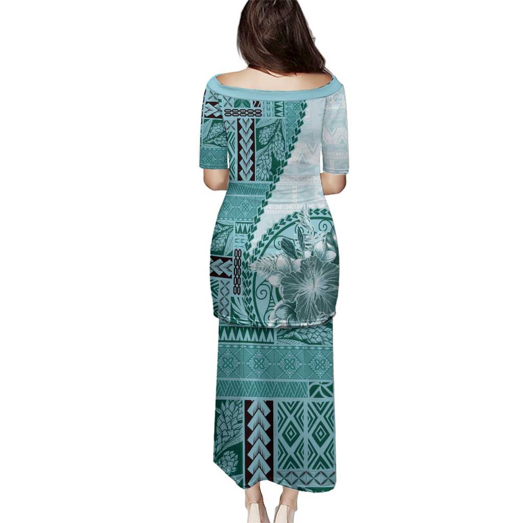 Samoa Siapo Elegant Family Matching Puletasi and Hawaiian Shirt Hibiscus Teal Motifs LT05 - Polynesian Pride