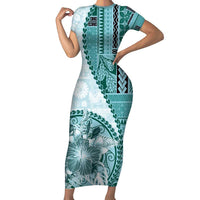 Samoa Siapo Elegant Family Matching Short Sleeve Bodycon Dress and Hawaiian Shirt Hibiscus Teal Motifs LT05 Mom's Dress Teal - Polynesian Pride