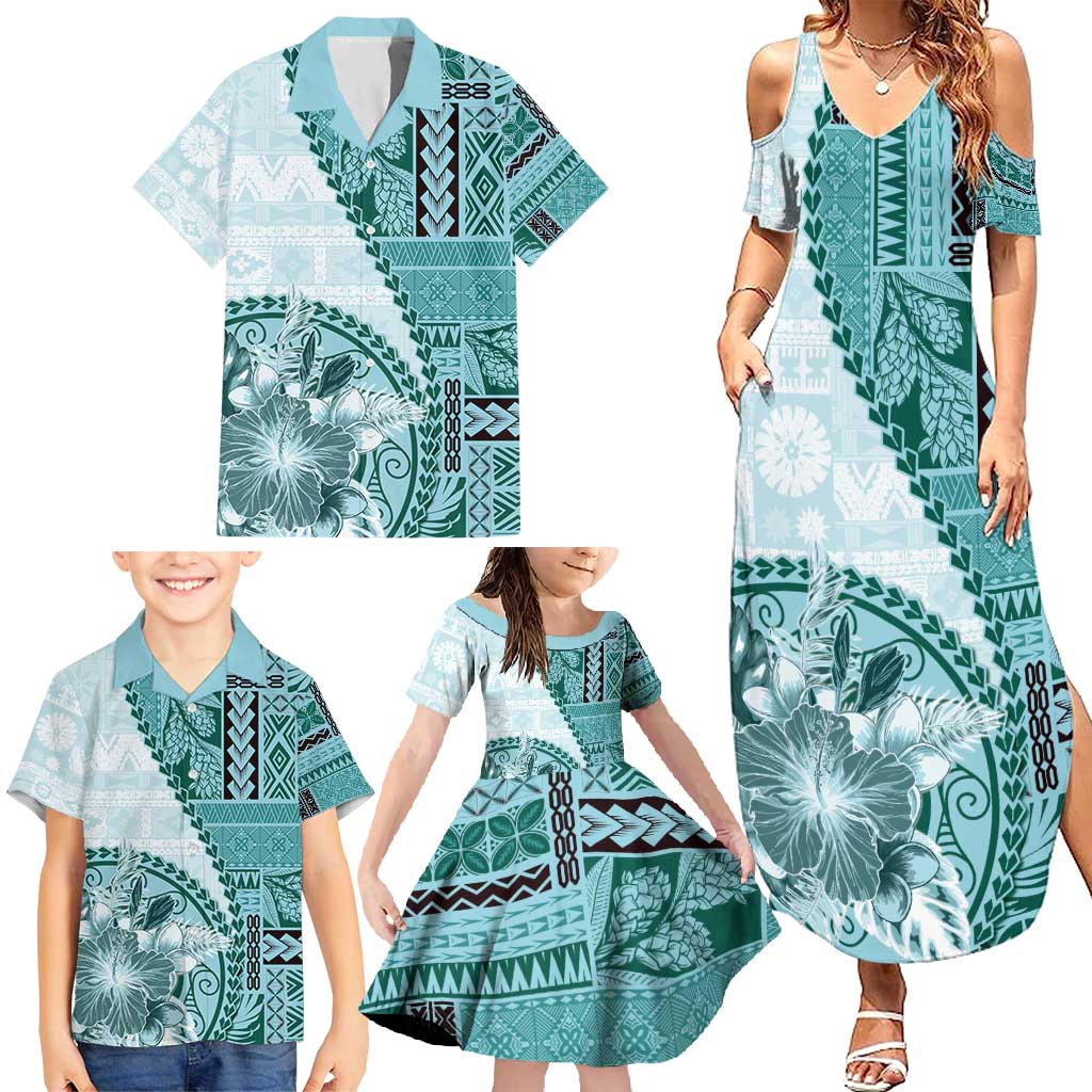 Samoa Siapo Elegant Family Matching Summer Maxi Dress and Hawaiian Shirt Hibiscus Teal Motifs LT05 - Polynesian Pride