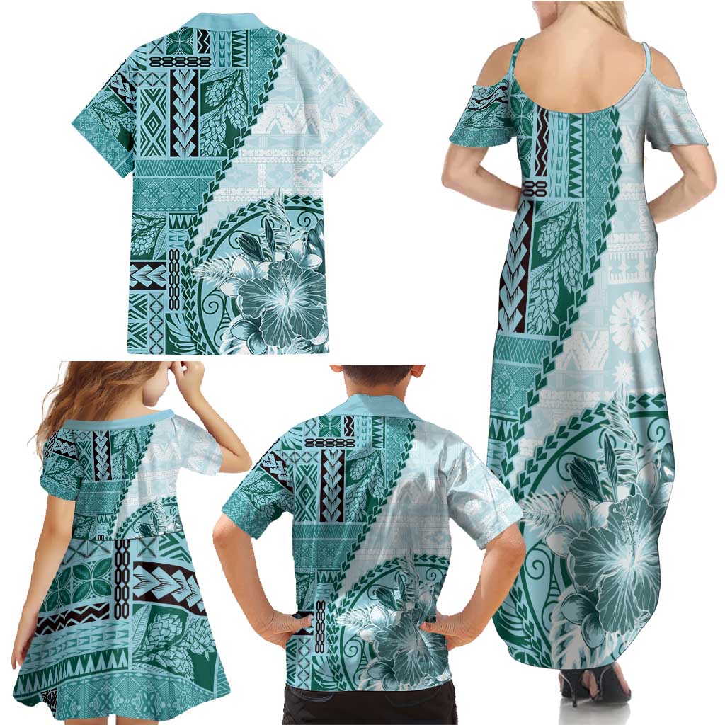 Samoa Siapo Elegant Family Matching Summer Maxi Dress and Hawaiian Shirt Hibiscus Teal Motifs LT05 - Polynesian Pride