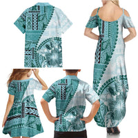 Samoa Siapo Elegant Family Matching Summer Maxi Dress and Hawaiian Shirt Hibiscus Teal Motifs LT05 - Polynesian Pride