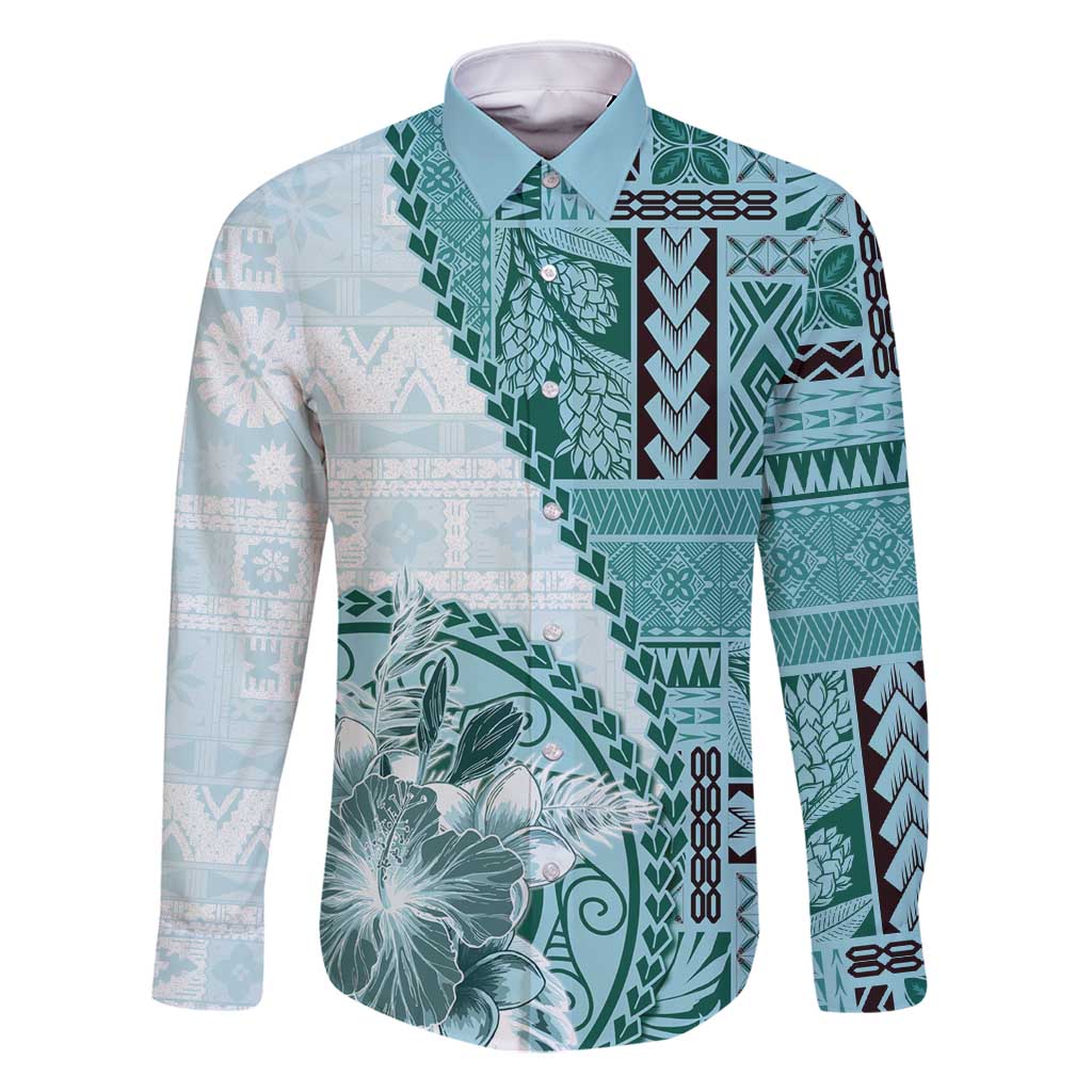 Samoa Siapo Elegant Family Matching Summer Maxi Dress and Hawaiian Shirt Hibiscus Teal Motifs LT05 Dad's Shirt - Long Sleeve Teal - Polynesian Pride