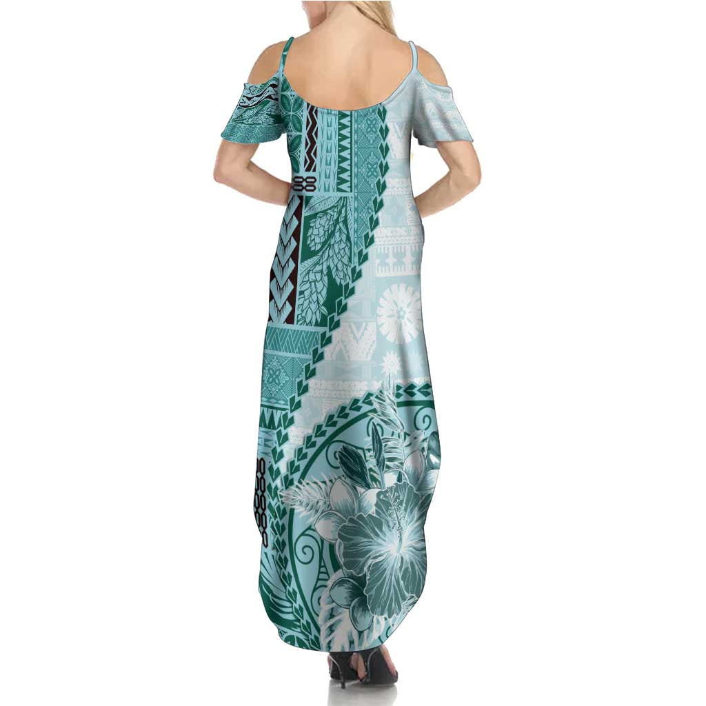 Samoa Siapo Elegant Family Matching Summer Maxi Dress and Hawaiian Shirt Hibiscus Teal Motifs LT05 - Polynesian Pride