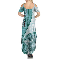 Samoa Siapo Elegant Family Matching Summer Maxi Dress and Hawaiian Shirt Hibiscus Teal Motifs LT05 - Polynesian Pride
