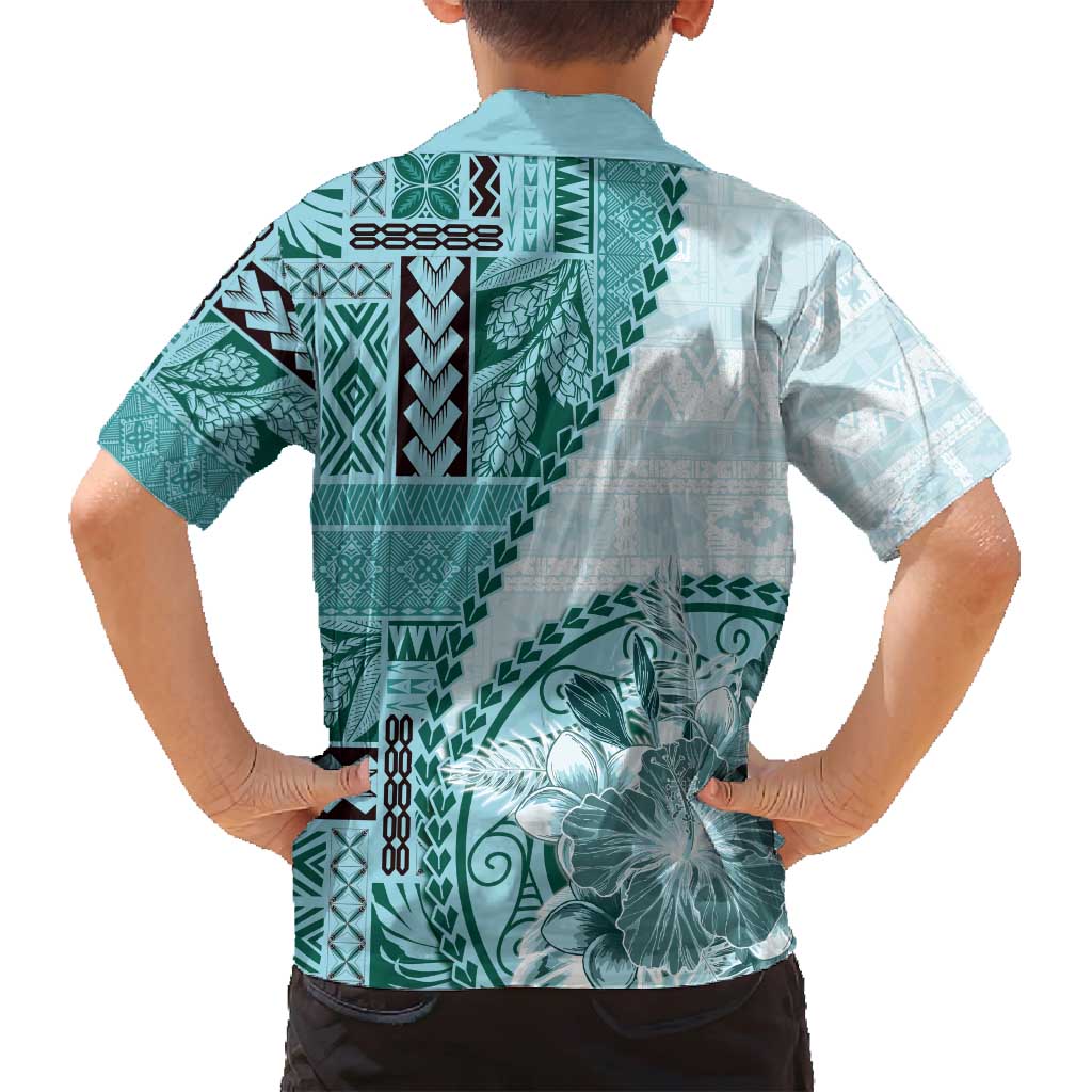 Samoa Siapo Elegant Family Matching Tank Maxi Dress and Hawaiian Shirt Hibiscus Teal Motifs LT05 - Polynesian Pride