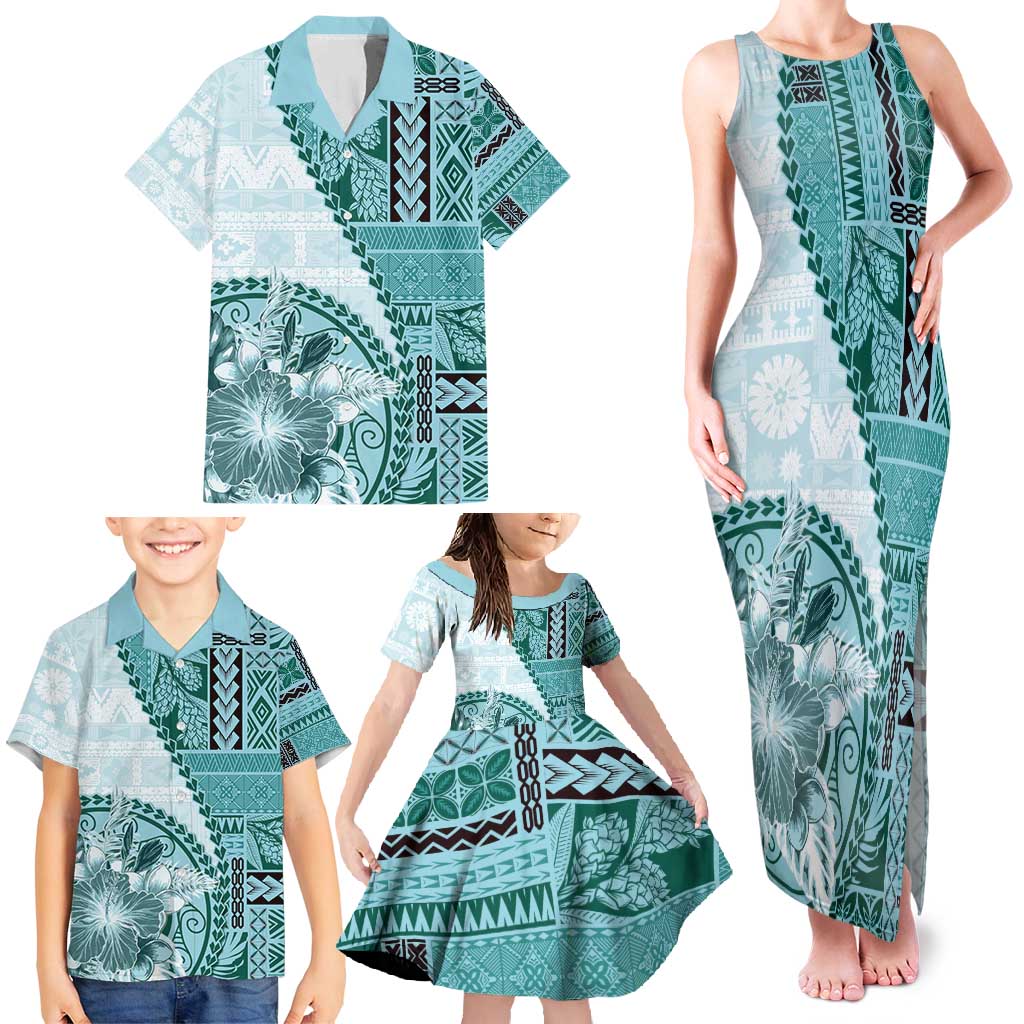 Samoa Siapo Elegant Family Matching Tank Maxi Dress and Hawaiian Shirt Hibiscus Teal Motifs LT05 - Polynesian Pride
