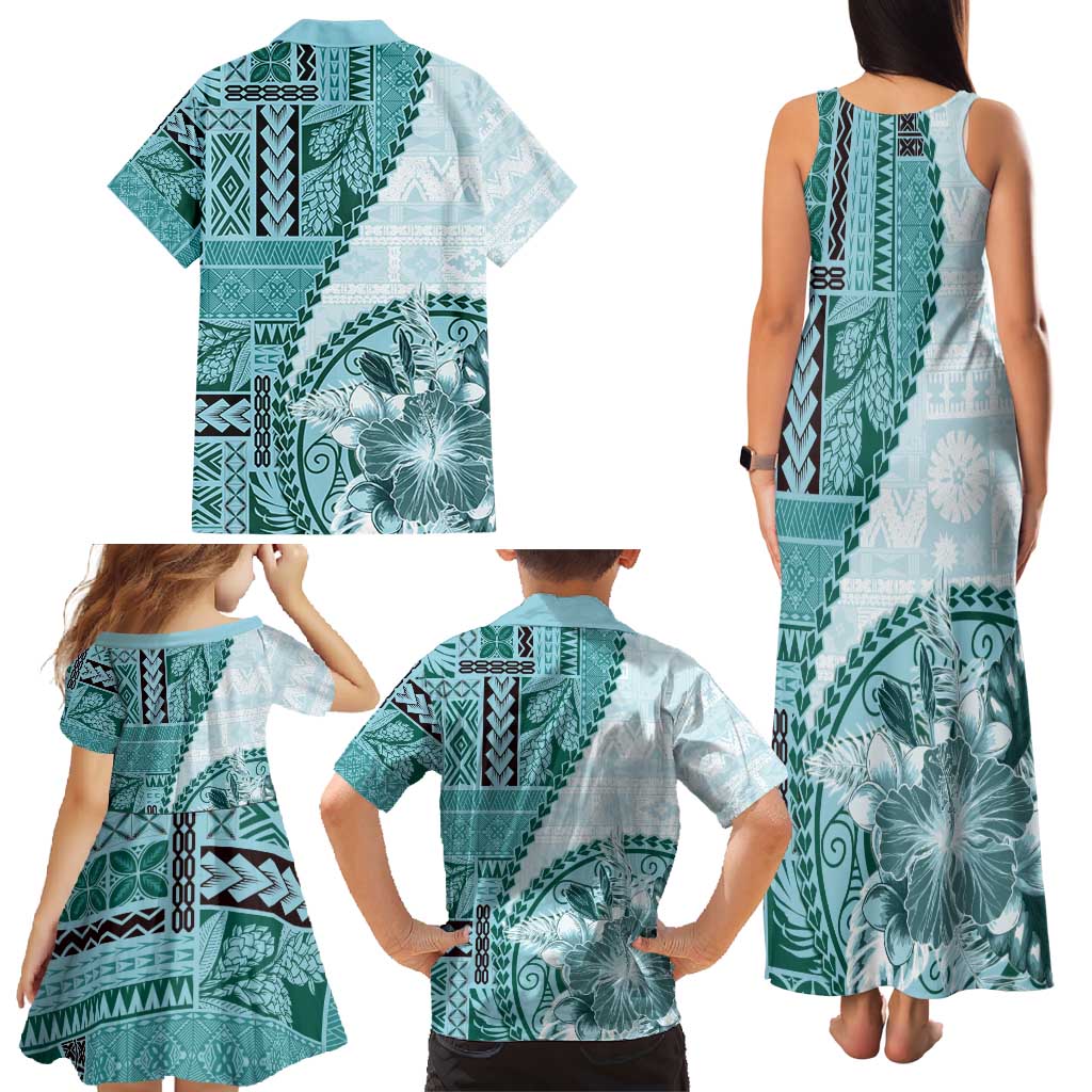 Samoa Siapo Elegant Family Matching Tank Maxi Dress and Hawaiian Shirt Hibiscus Teal Motifs LT05 - Polynesian Pride