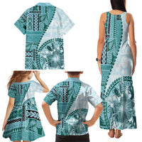 Samoa Siapo Elegant Family Matching Tank Maxi Dress and Hawaiian Shirt Hibiscus Teal Motifs LT05 - Polynesian Pride