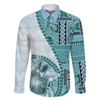 Samoa Siapo Elegant Family Matching Tank Maxi Dress and Hawaiian Shirt Hibiscus Teal Motifs LT05 Dad's Shirt - Long Sleeve Teal - Polynesian Pride