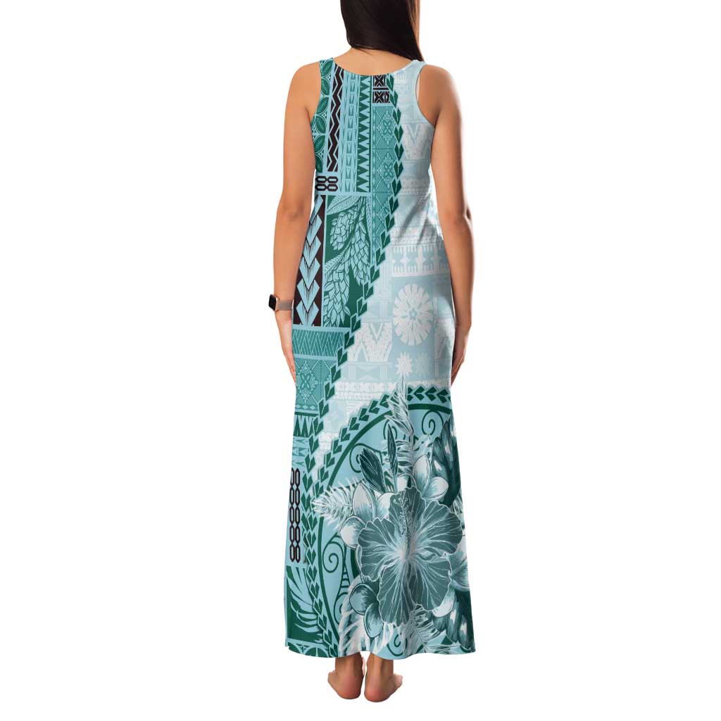 Samoa Siapo Elegant Family Matching Tank Maxi Dress and Hawaiian Shirt Hibiscus Teal Motifs LT05 - Polynesian Pride