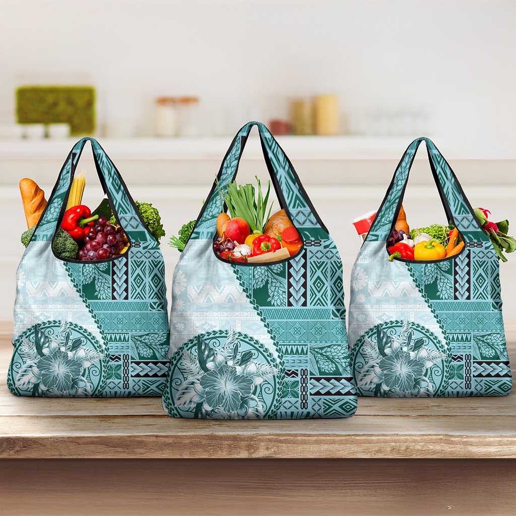 Samoa Siapo Elegant Grocery Bag Hibiscus Teal Motifs - Polynesian Pride