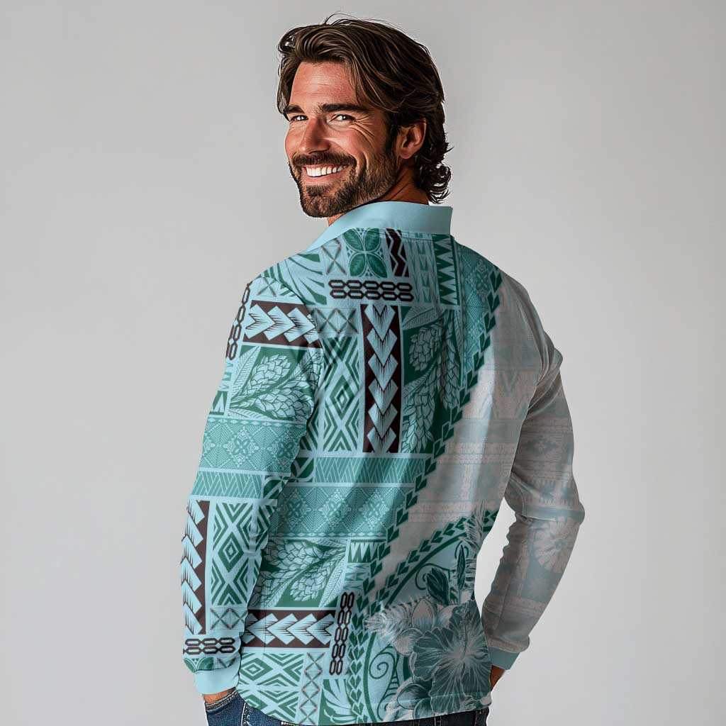 Samoa Siapo Elegant Long Sleeve Polo Shirt Hibiscus Teal Motifs - Polynesian Pride