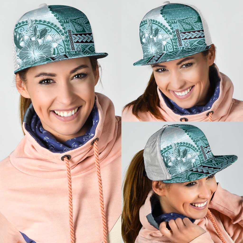 Samoa Siapo Elegant Mesh Trucker Cap Hibiscus Teal Motifs - Polynesian Pride