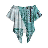 Samoa Siapo Elegant Off Shoulder Wrap Waist Top Hibiscus Teal Motifs LT05 Teal - Polynesian Pride