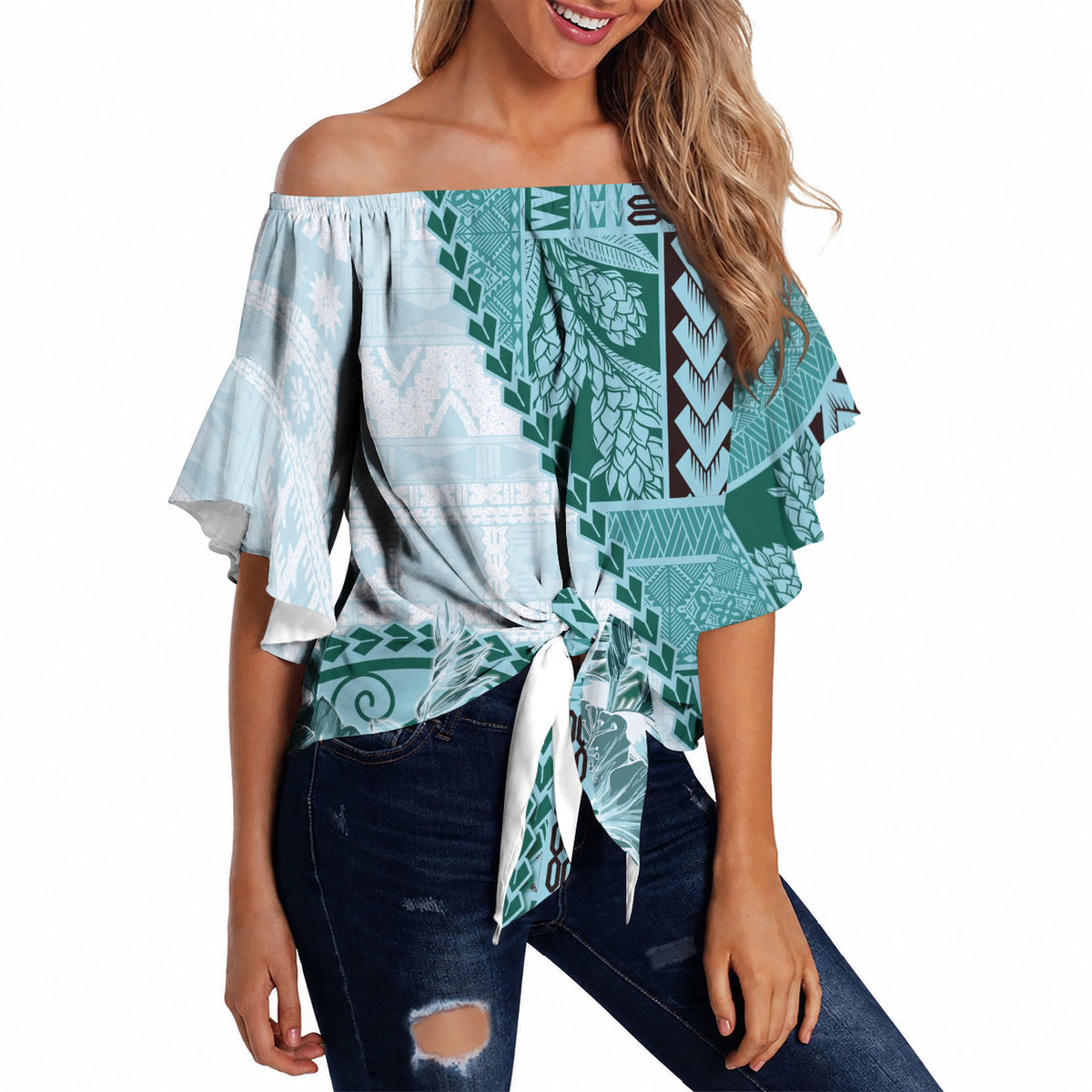 Samoa Siapo Elegant Off Shoulder Wrap Waist Top Hibiscus Teal Motifs LT05 - Polynesian Pride