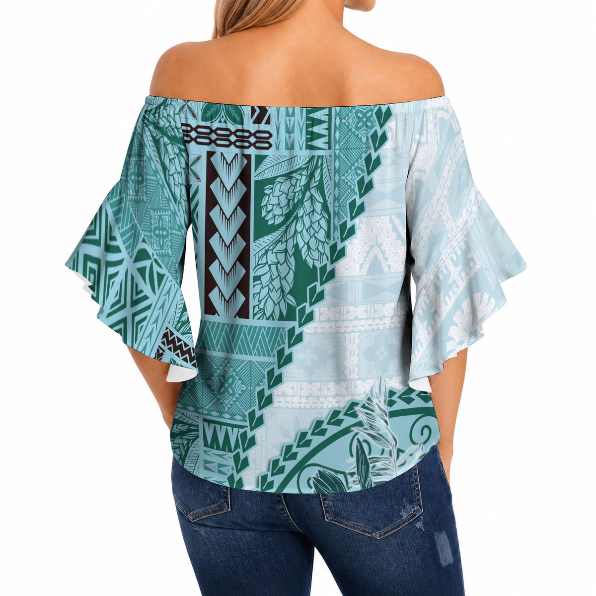 Samoa Siapo Elegant Off Shoulder Wrap Waist Top Hibiscus Teal Motifs LT05 - Polynesian Pride
