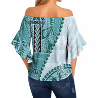 Samoa Siapo Elegant Off Shoulder Wrap Waist Top Hibiscus Teal Motifs LT05 - Polynesian Pride