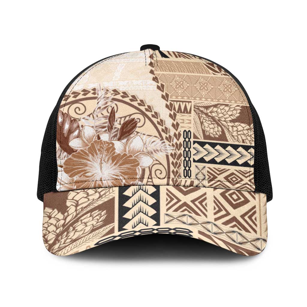 Samoa Siapo Elegant Baseball Net Cap Hibiscus Beige Motifs - Polynesian Pride