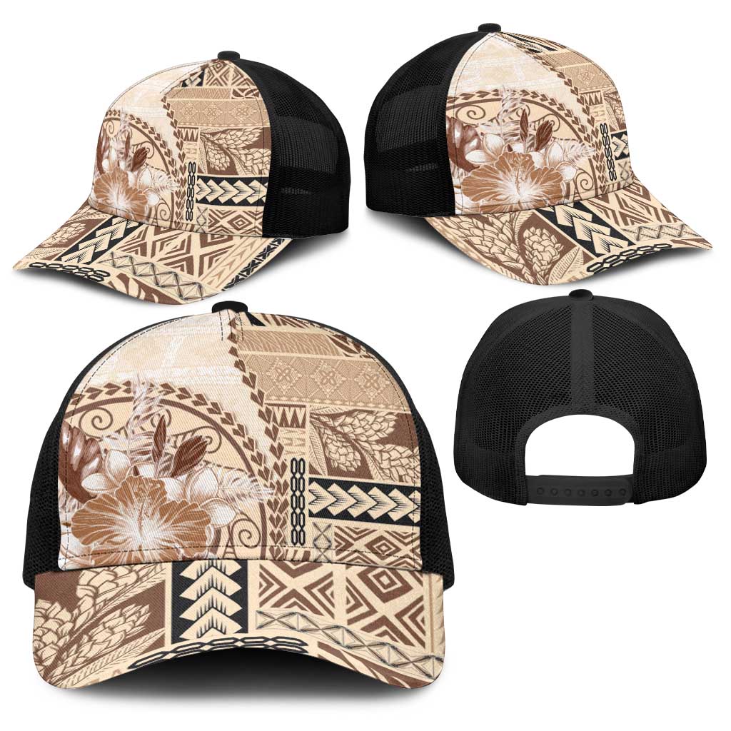 Samoa Siapo Elegant Baseball Net Cap Hibiscus Beige Motifs - Polynesian Pride