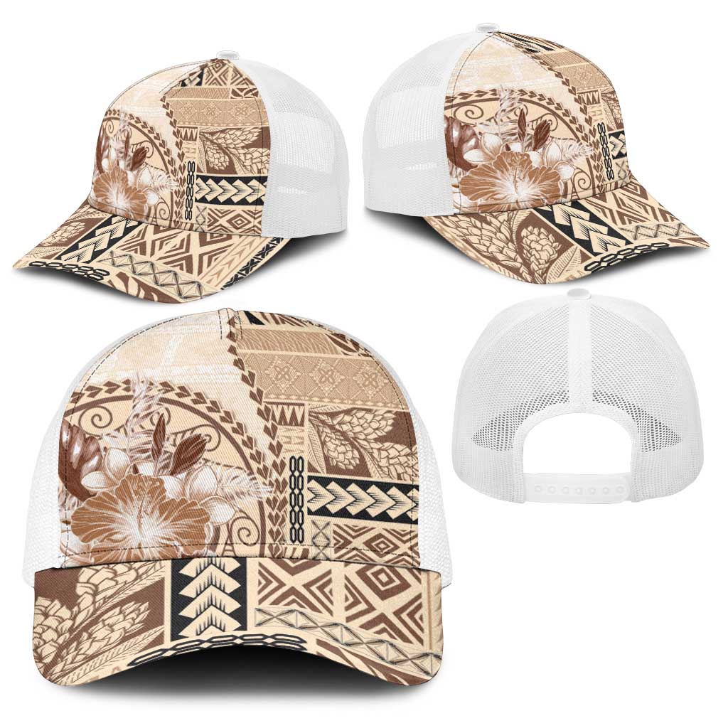 Samoa Siapo Elegant Baseball Net Cap Hibiscus Beige Motifs - Polynesian Pride