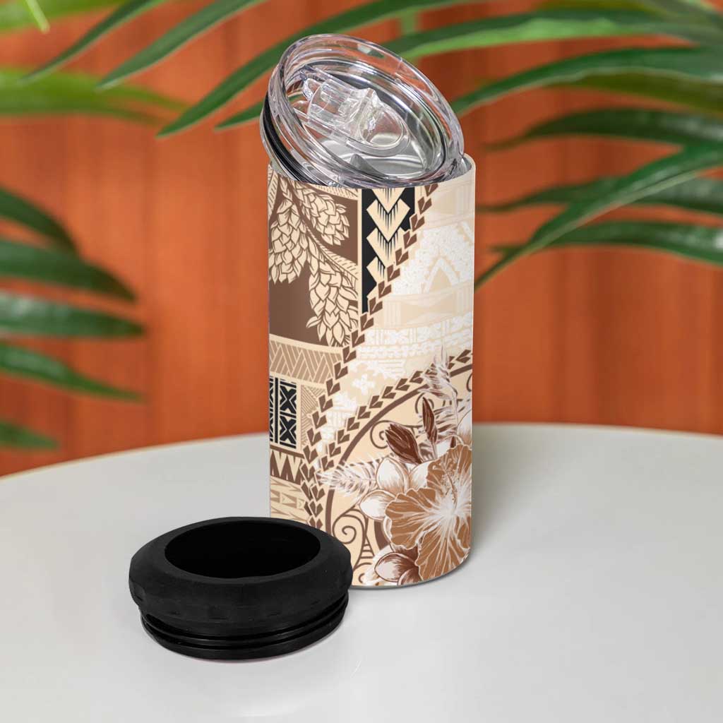 Samoa Siapo Elegant 4 in 1 Can Cooler Tumbler Hibiscus Beige Motifs - Polynesian Pride
